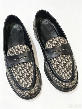 Classic Christian Dior Oblique Monogram Canvas & Navy Leather Loafers in size 44